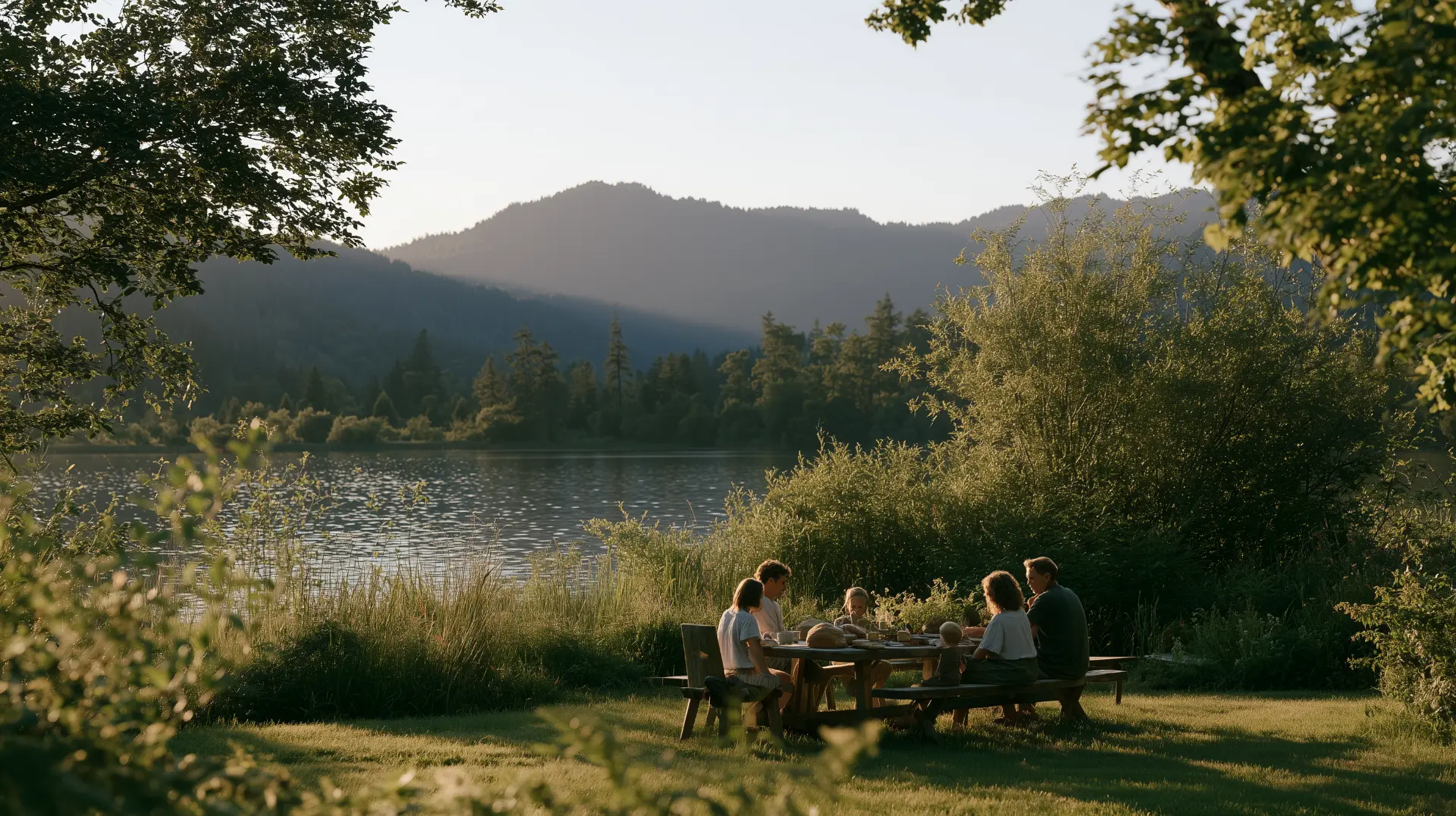 Familie beim gemeinsamen Essen am See im Sommerlicht